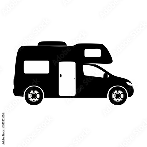Black silhouette of a recreational vehicle with sleeping loft and side door for travel