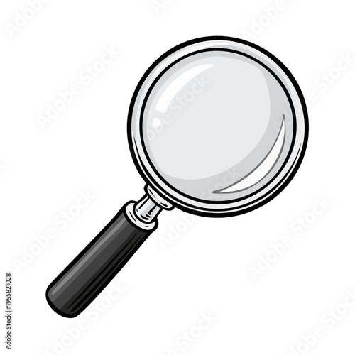 Magnifying glass icon with a black handle and silver rim on a white background