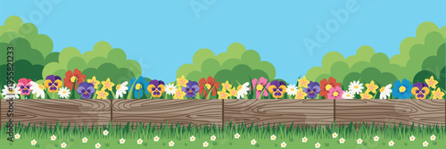A landscape background with a wooden fence, grass beneath it, and flowers. Seamless horizontal pattern. Vector illustration.