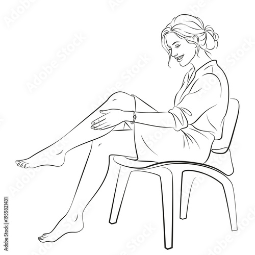 Continuous line drawing of beautiful woman sitting on a chair.  Line drawing of stylish woman sitting on chair isolated on white background. Advertisement for healthy legs.