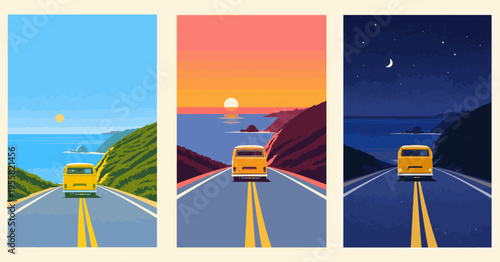 Travel by van car camper to the sea for wallpaper, postcards, illustration posters, banners, advertising, seascape colorful morning, sunset and night background.