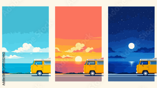 Travel by van car to coastline for wallpaper, postcards, illustration posters, banners, advertising, colorful seascape background at. morning, sunset and night.