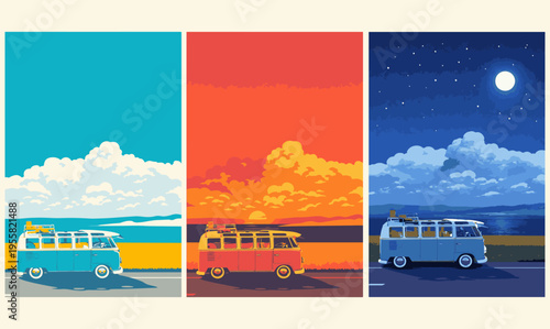 Travel by van car collection for wallpaper, postcards, illustration posters, banners, advertising, colorful seascape background at morning, sunset and night.