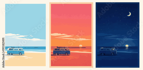 Traveling by van illustration colorful seascape at morning, sunset and night for wallpaper, postcards, posters, banners, advertising, nature landscape background collection.