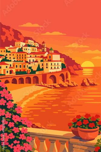 Italian Coastal Village with sunset scene for wallpaper, postcards, illustration posters, banners, advertising, nature landscape background.