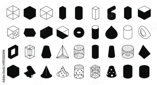 Assortment of thirty-six geometric three dimensional shapes rendered in black outline and solid fill variations shows perspective.