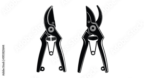 Two black bypass pruning shears with sharp curved blades and handles are displayed vertically in a mirrored composition.