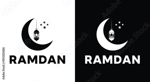 The Ramadan logo design displays a hanging lantern and crescent moon with stars set against contrasting black and white backgrounds.