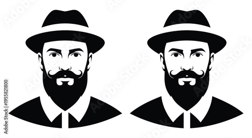 Two detailed bearded men portraits wear fedora hats and collared shirts showing different mustache and beard styles side by side.