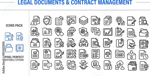 Documents & Contract Management Icon Set Pack — Files, Agreements, Legal, Pixel Perfect Editable Vector