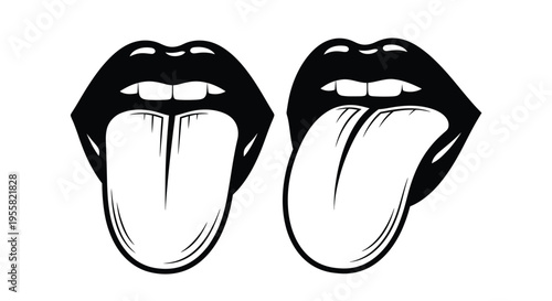 Two exaggerated open mouths display black lips and extended tongues sticking out in a rebellious or playful gesture against white.
