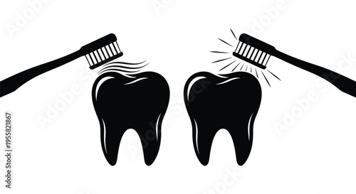 Two molar teeth are depicted with toothbrushes, demonstrating a before and after cleaning effect, highlighting dental hygiene progress clearly.