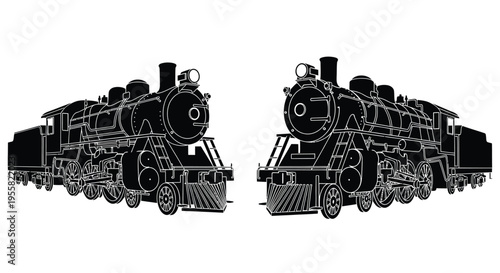 Two detailed steam locomotive engines face forward in opposing directions, showing intricate mechanical outlines against a stark-white setting.