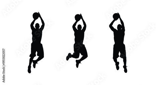 Three sequential silhouettes depict a basketball player executing a jump shot with the ball held high above the head during athletic competition moments.