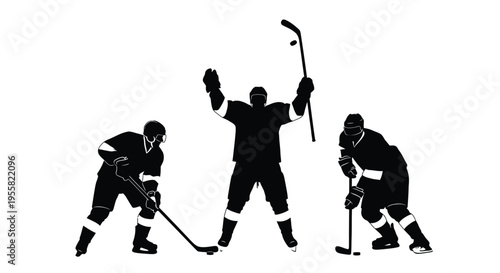 Three ice hockey players celebrate victory with raised sticks and arms against a bright background symbolizing competitive team success.