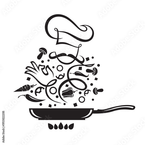 cooking process of vegetables on pan isolated on white background