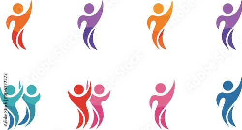 Minimalist abstract human figure vector set celebrating success and achievement in clean monolinear hand drawn line art style for modern branding