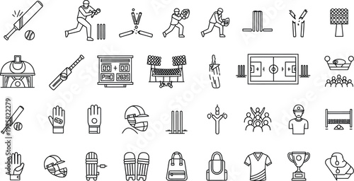 An assortment of simple black and white vector graphics depicts essential items for cricket, including bats, stumps, and protective wear.