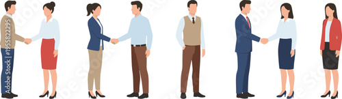 Minimalist business collaboration vector set featuring diverse office professionals handshaking and meeting in clean monolinear hand drawn line art style