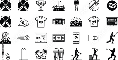 Various stylized glyphs display actions of batsmen and fielders alongside playing equipment and venue structures for the game of cricket.