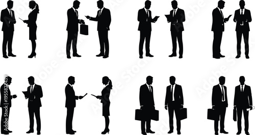 Vector illustration of business professional silhouettes in corporate attire engaging in teamwork, communication, and document exchange