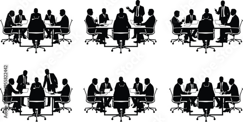 Vector illustration of business meeting silhouettes with team collaboration, laptops, documents, and professional corporate presentation setting