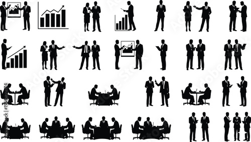 Vector illustration of business silhouettes presenting charts, discussing documents, and engaging in corporate teamwork and meetings