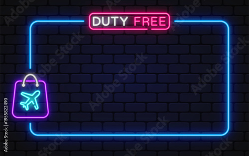 Neon Duty Free sign with travel shopping icon creates airport retail mood. Bright glow works for tourism ads and commercial promotions.
