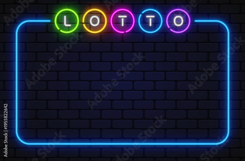 Colorful neon lotto lettering inside glowing rectangular border on brick texture. Gambling inspired background suitable for lottery ads and entertainment graphics.