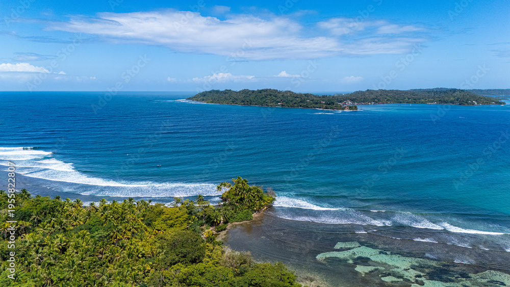 Fototapeta premium Aerial View from Isla Carenero to Isla Bastimentos in Panama at Bocas del Toro