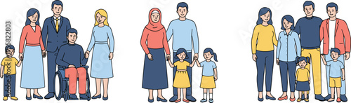 Cartoon diverse family groups illustration with parents, children, wheelchair accessibility, and cultural inclusion design