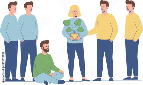 Cartoon community illustration with diverse people holding plant symbolizing growth, care, teamwork, and social interaction