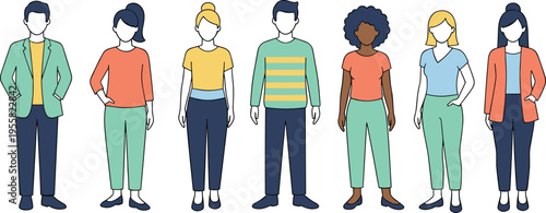 Cartoon diverse people illustration with colorful outfits and hairstyles symbolizing fashion, character design, and inclusion