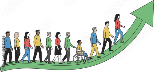 Cartoon inclusive progress illustration with diverse people walking upward on green arrow symbolizing growth and equal opportunity