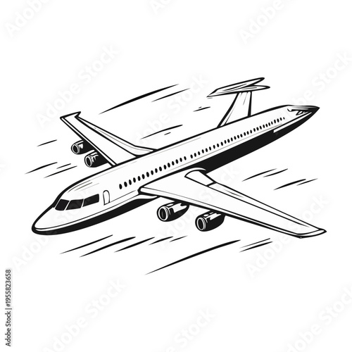 Stylized airplane flying with speed lines in a graphic illustration style