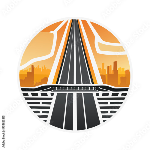 Urban highway overpass and cityscape skyline at sunset emblem graphic illustration