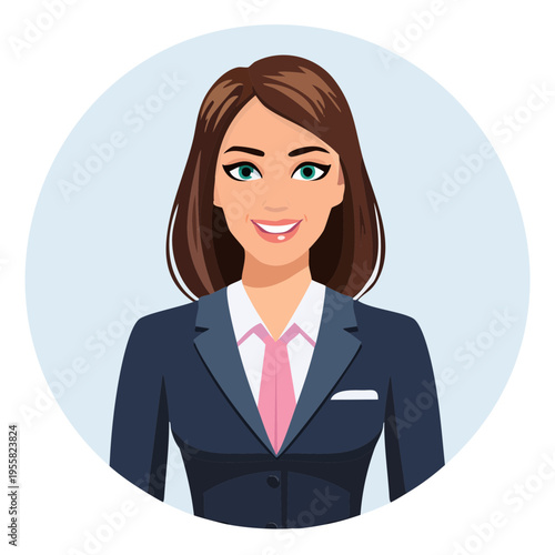 Smiling professional woman in a suit with a pink tie and green eyes, circular portrait.