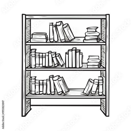 Hand drawn illustration of a wooden bookshelf filled with various books