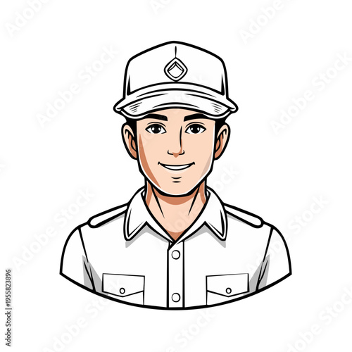 Young man in a white uniform and cap smiles confidently in a cartoon style portrait