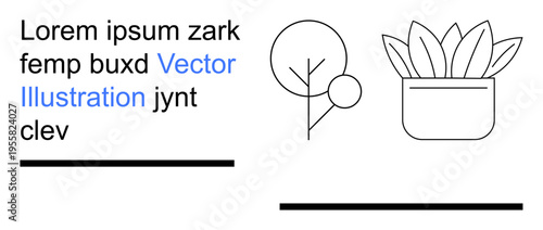 Nature-themed design, modern decor, minimalist art, eco-friendly branding, botanical education, graphic design projects. Black line drawings of a tree and potted plant. Nature-themed and minimalist