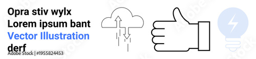Data sharing, feedback systems, innovation, brainstorming, technology concepts, support ideas. Cloud with arrows, thumbs-up symbol lightbulb icon. Data sharing and feedback systems concept