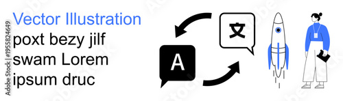 Language learning, global communication, translation services, education tools, space exploration, instructional design. Two arrows connecting language icons, a rocket and a standing woman. Language