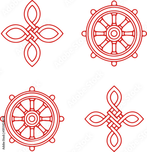 Traditional symbols of dharma wheel and lotus flower intertwined designs in red line art