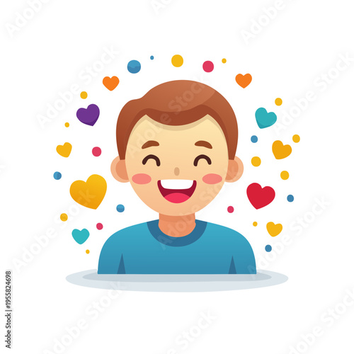 Joyful child, happy expression, surrounded by colorful hearts and dots