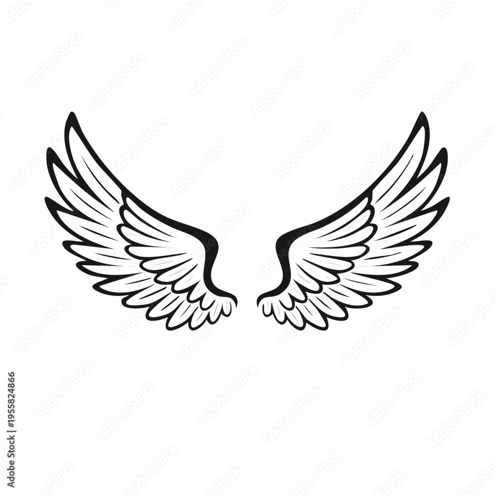 Obraz premium Stylized black and white illustration of a pair of feathered wings spread apart