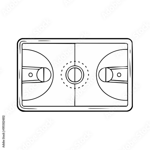 Outline drawing of a basketball court from a top view with center circle and key markings