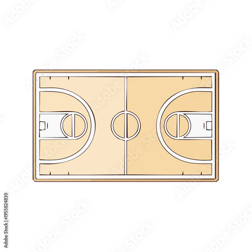 Top View of a Wooden Basketball Court with Clear Markings and Hoops