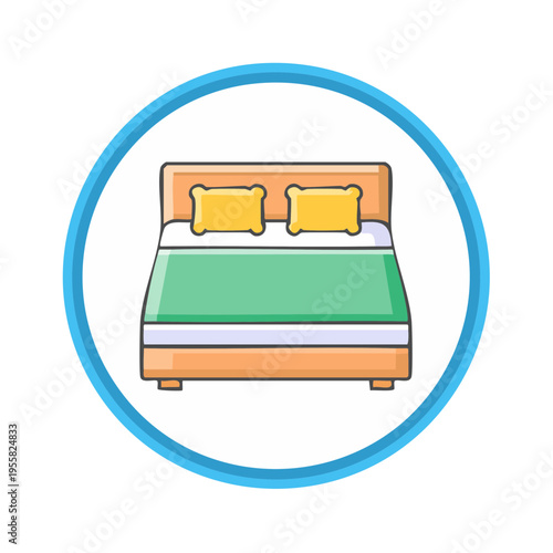 Simple illustration of a bed with two pillows inside a blue circle