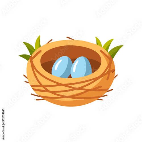 Cute bird nest with two light blue eggs and green leaves cartoon illustration