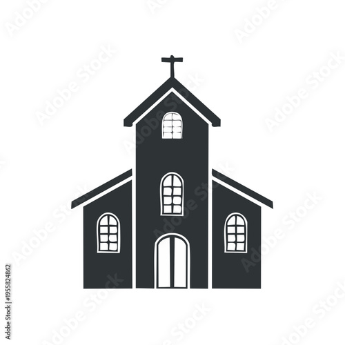 Silhouette of a traditional church building with a cross on the steeple and arched windows